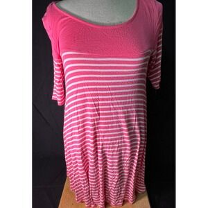 Peach Puff Women Large Pink White Stripe Keyhole Short Sleeve Loose Fit Blouse